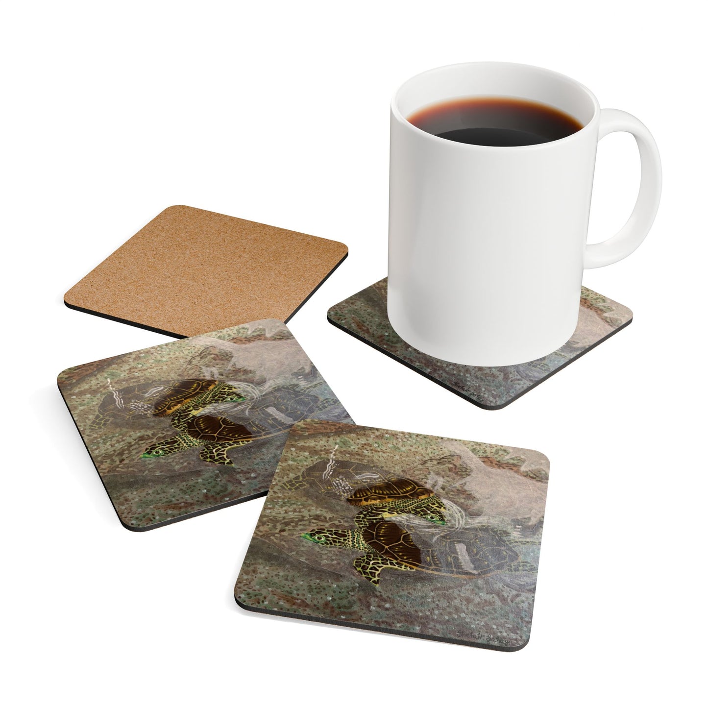 Turtles Budding Each Other | Corkwood Coaster Set