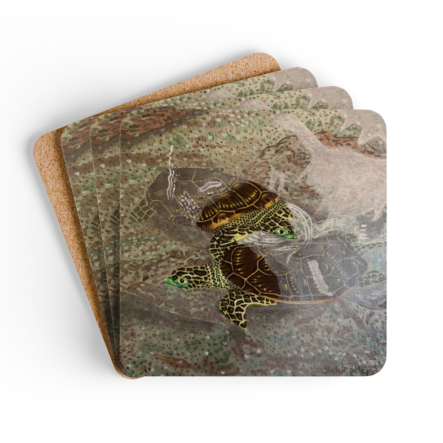 Turtles Budding Each Other | Corkwood Coaster Set